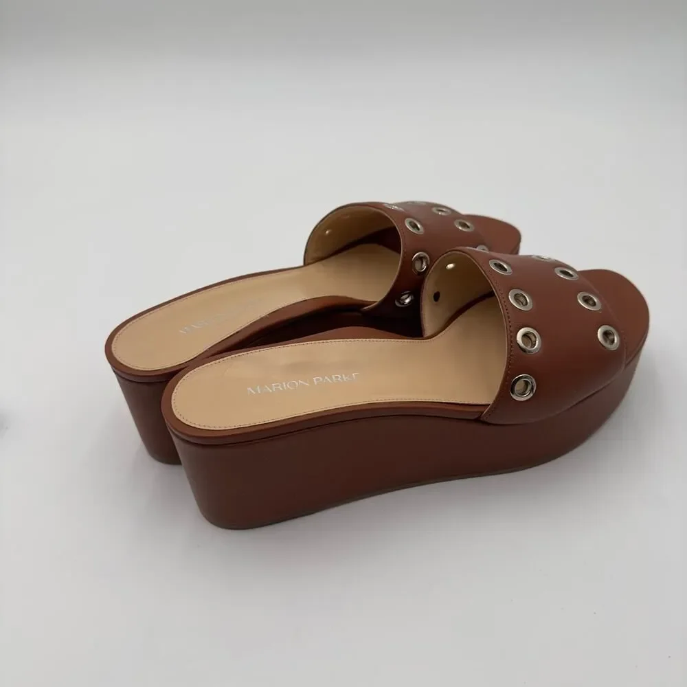 Marion Parke Cora Brown Leather Platform Slide Sandal Grommet Details Sz 41 NWOT